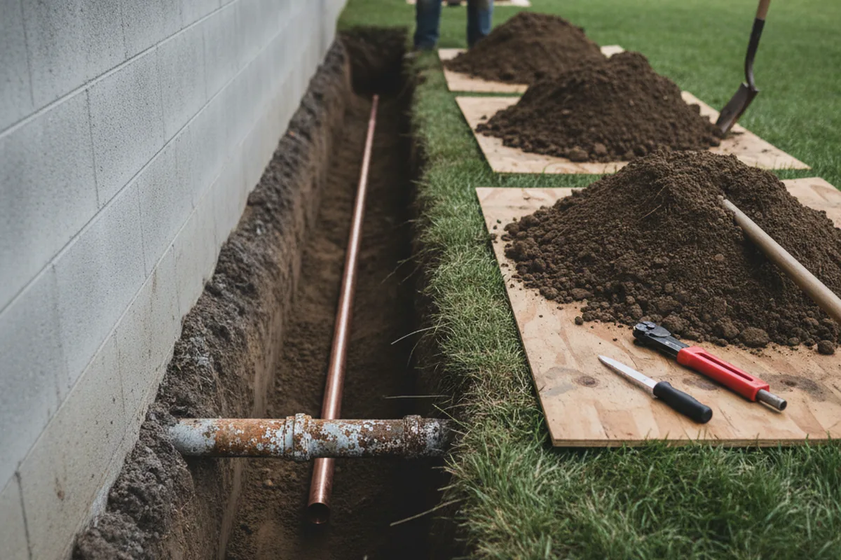 Excavated water line trench during Water Heater Repair in Laurel Hill